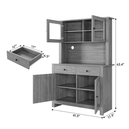 63" Tall Farmhouse Kitchen Pantry Cabinet with Microwave Stand, Freestanding Pantry Hutch Cabinet with Adjustable Shelves, Drawers & Countertop, Buffet Cupboard for Dining & Living Room Storage, Grey