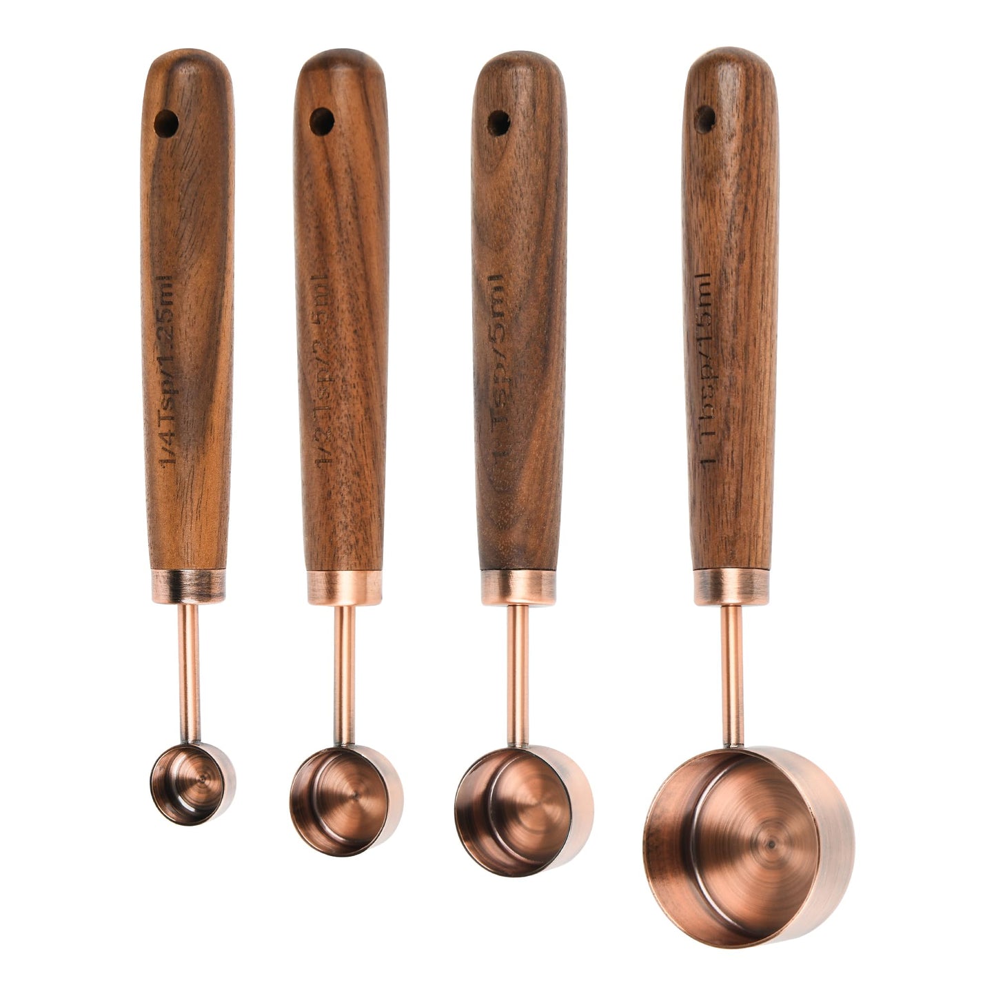 Smithcraft Copper Measuring Cups & Spoons Set 8, Stainless Steel Measuring Cups and Spoons Set for Baking and Kitchen, Metric & US Metal Measure Cup & Spoon with Wood Handle for Dry & Liquid