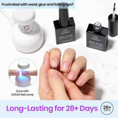 Beetles Gel Nail Kit Short Almond, 240Pcs Easy Nail Extension Set Shaped Clear Tips with 5 in 1 Nail Glue Base & Top Coat and Mini UV Lamp, Nail Tips Art Acrylic Nail Kit Gifts for Women