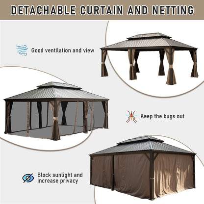GOWE 14x22FT Hardtop Gazebo, Outdoor Gazebo with Galvanized Steel Double Roof, Aluminum Frame, Built-in Gutter System, Curtain and Netting, Metal Gazebo Pavilion for Patio Deck Garden, Brown