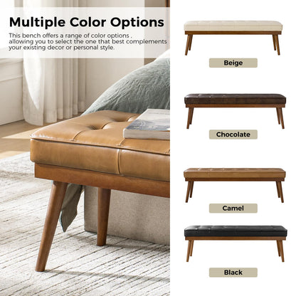 HULALA HOME 55.5" Genuine Leather Bench, Button-Tufted Entryway Bench with Solid Wood Legs, Upholstered End of Bed Bench for Bedroom, Camel