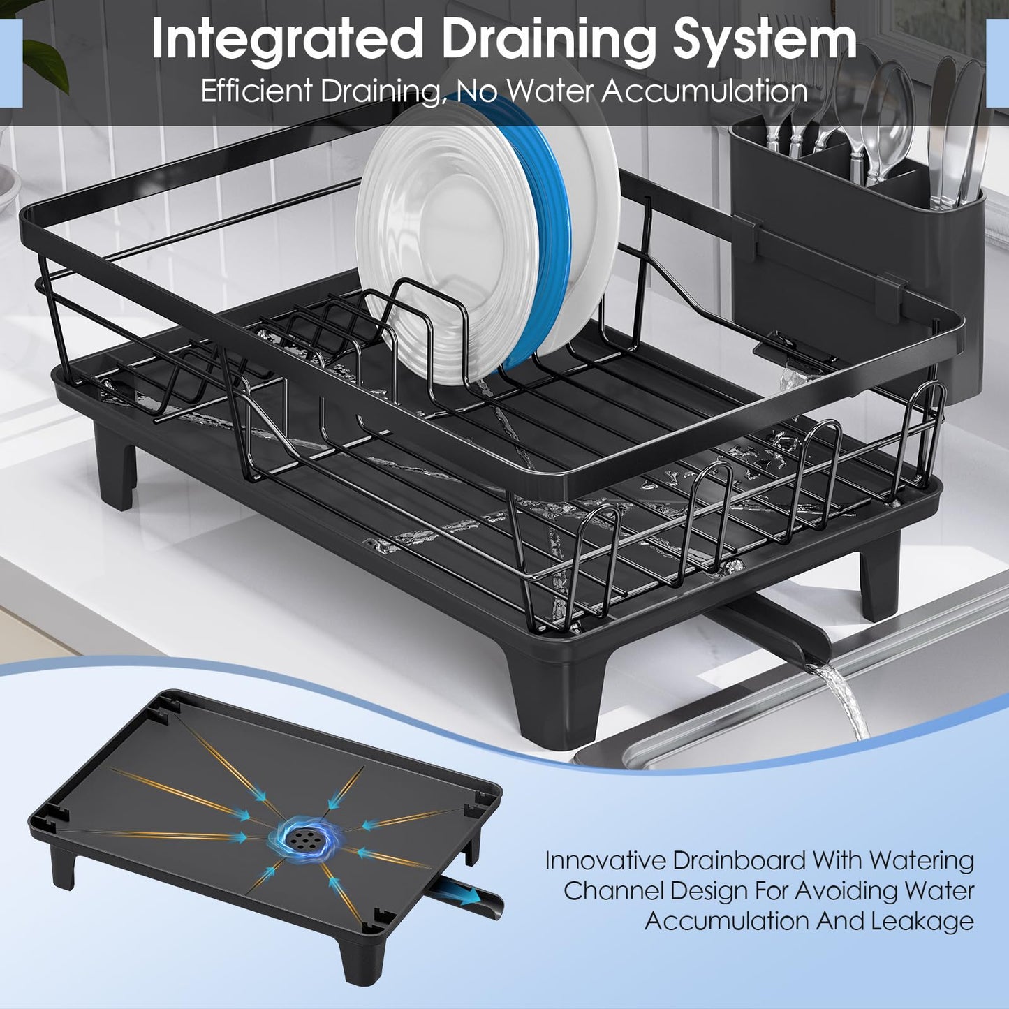 Urackify Dish Drying Rack for Kitchen Counter, Sink Dish Rack with Drainboard 12.2" W x 16.5" L, Large Dish Drainer with Cutlery Holder, Home Countertop Plate Dryer Storage Rack, Black