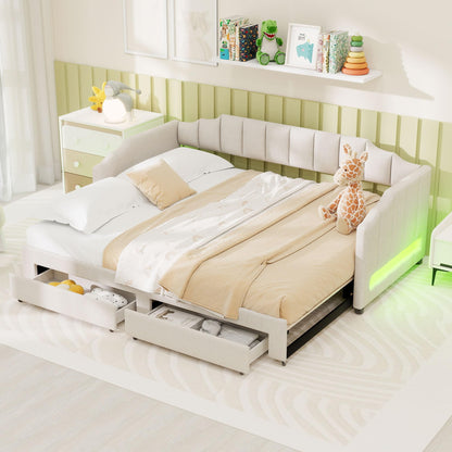 Bellemave Twin XL Size Daybed Frame with Pop up Trundle,Upholstered Day Bed with Two Storage Drawers and LED Light,Twin XL to King Daybed,Beige