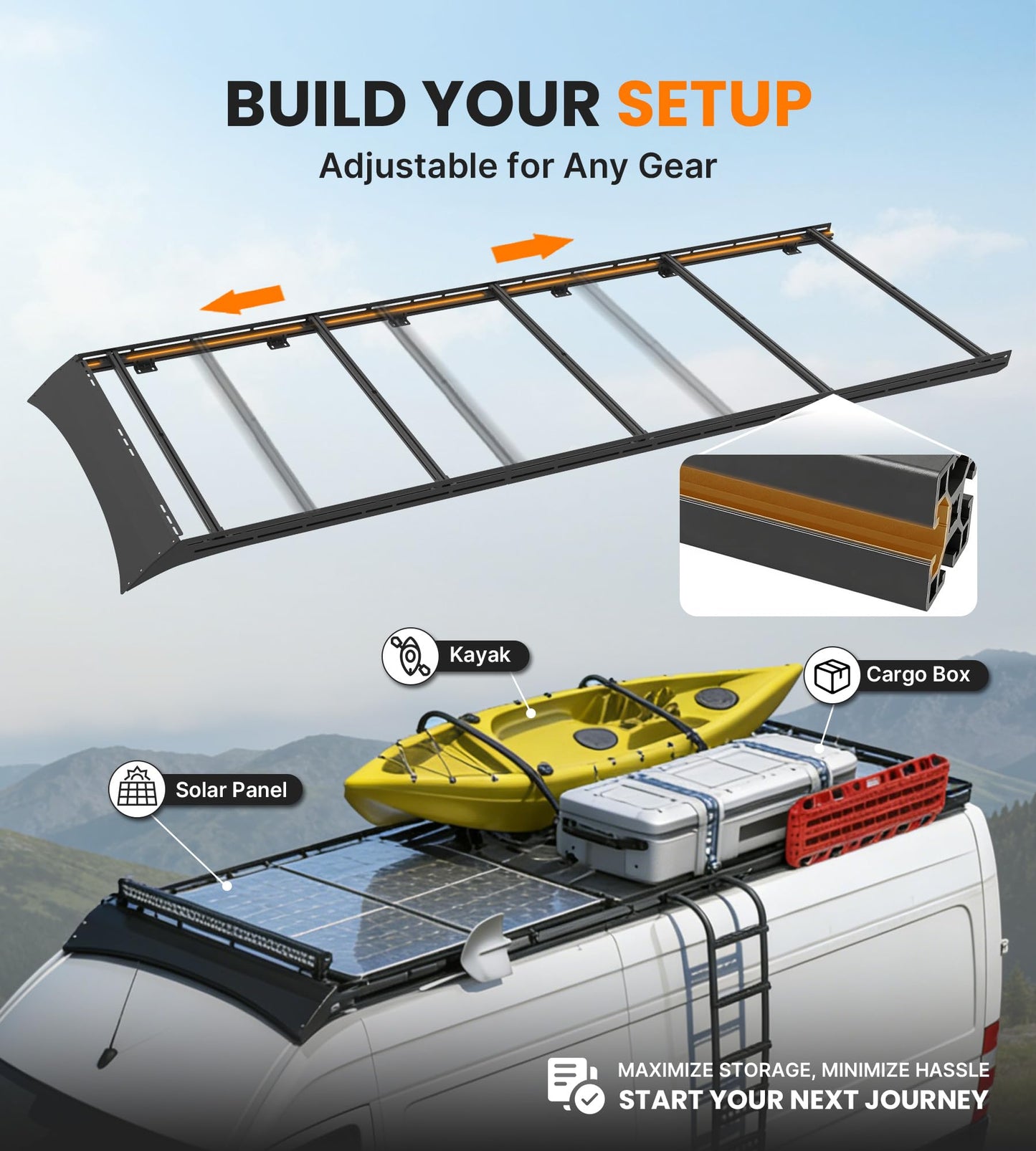 MELIPRON Camper Van Roof Rack Fit for Mercedes-Benz Sprinter 170" WB High Roof, Low Profile Aluminum Rack with Wind Fairing, T-Slot Crossbars for Solar Panels, Awnings, 300lb Dynamic/500lb Static