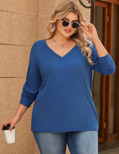 IN'VOLAND Womens Plus Size Long Sleeve Shirts V Neck Basic Tee Tops Loose Fit Fall Outfits for Women 1X-5X