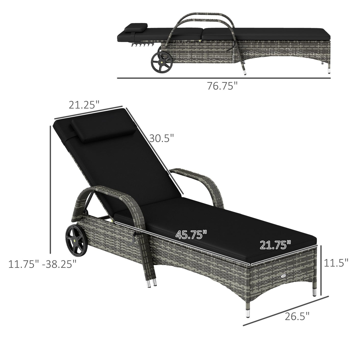 Outsunny Wicker Outdoor Chaise Lounge Set of 2, 5-Level Adjustable Backrest PE Rattan Pool Lounge Chair with Wheels, Cushion & Headrest, Mixed Gray and Charcoal Black