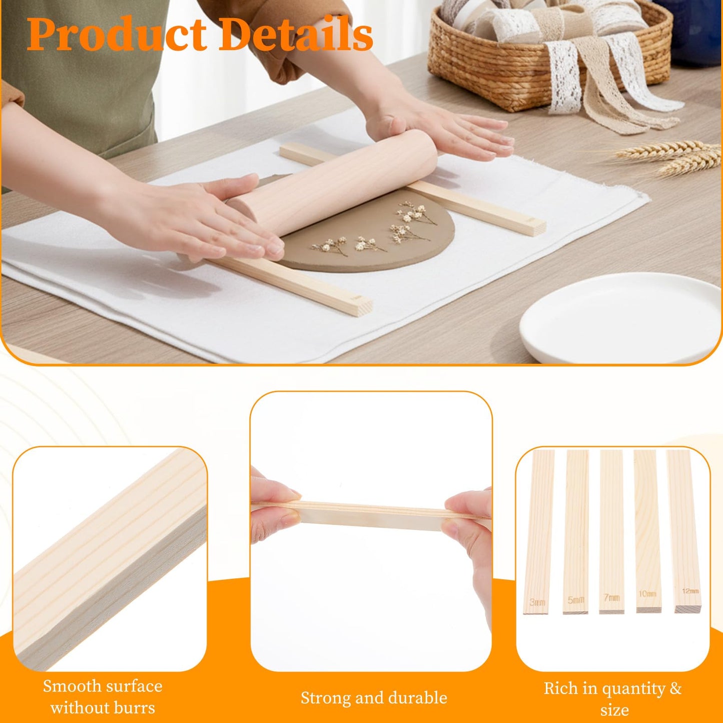 mekueeex 12 Pcs Polymer Clay Tools Set with Bamboo Clay Rolling Pin, 5-Size Guide Rails & Linen Mat - Essential Pottery Tools and Supplies for Sculpting, Pottery Wheel & DIY Crafts