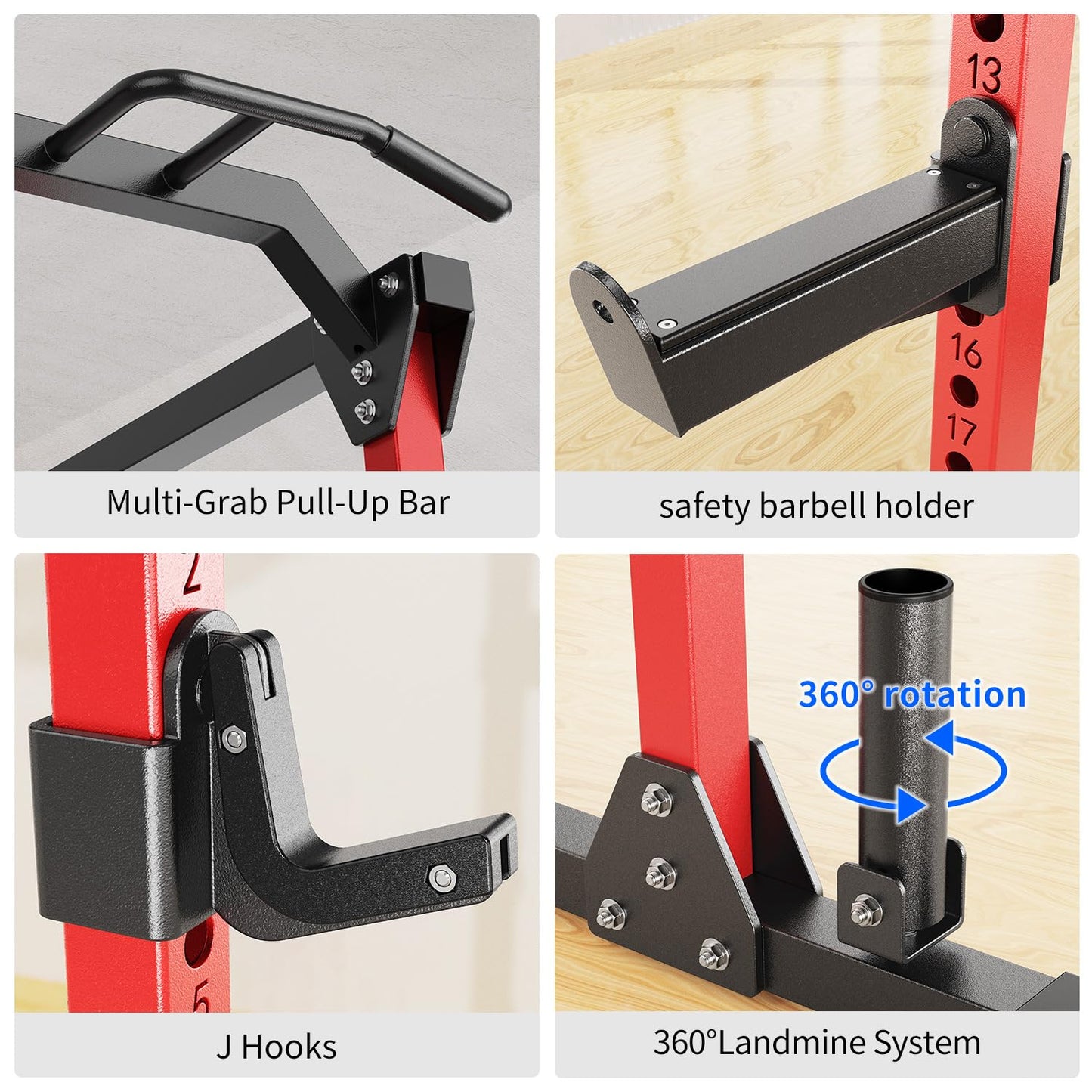 Power Rack Power Cage Multi-Function Squat Rack with Cable Crossover System Selectable More Training Attachment Power Rack for Garage & Home Gym (Red, C Set L01+Weight Bench+（Pole+Cast Iron） 248LBS)