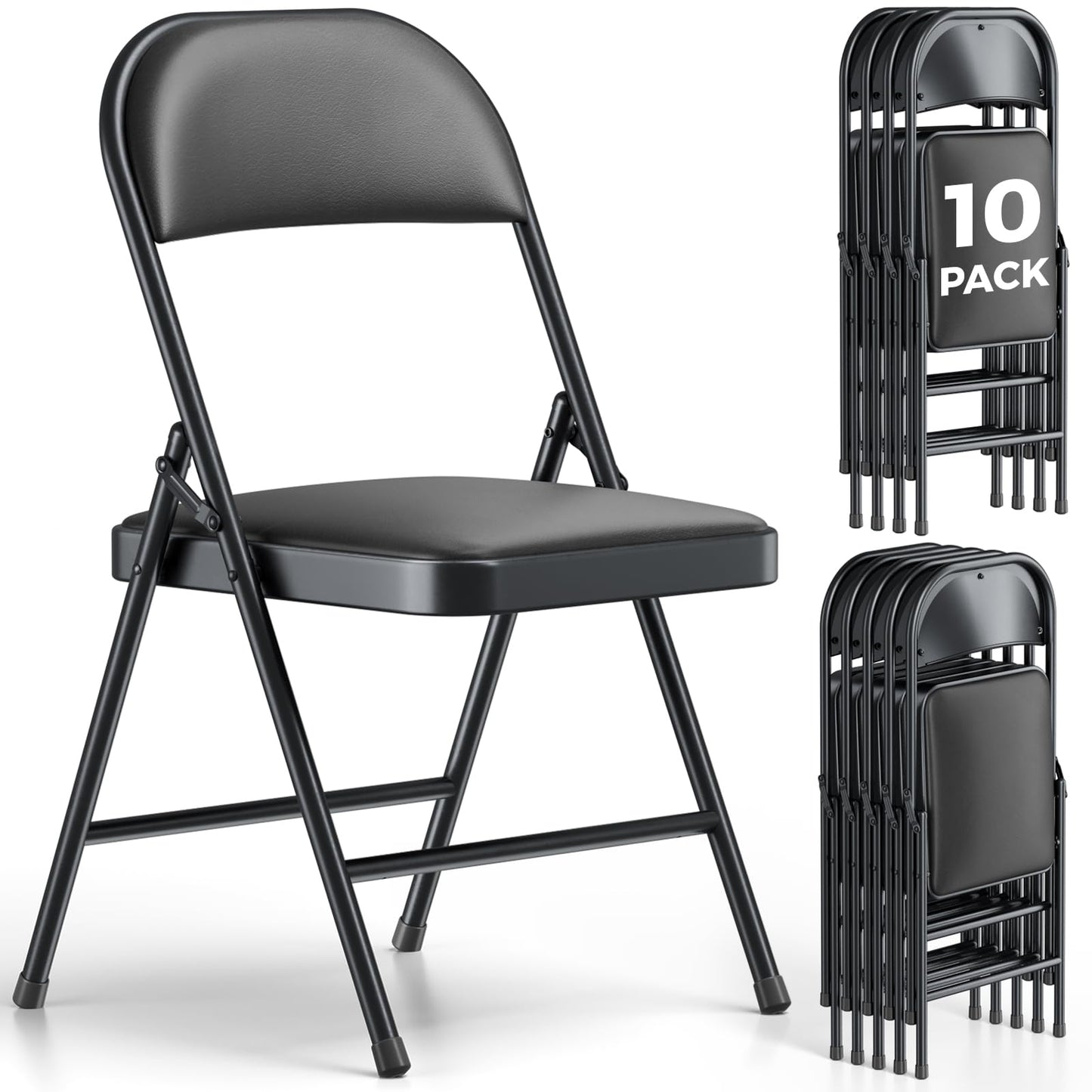 MAKE CHANGES Folding Dining Chairs Set of 10 - Modern PU Leather Folding Chairs with Cushion Seat & Back Metal Legs Kitchen Chairs Folding Chair Set for Kitchen/Living Room/Bedroom/Parties (Black)