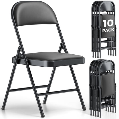 MAKE CHANGES Folding Dining Chairs Set of 10 - Modern PU Leather Folding Chairs with Cushion Seat & Back Metal Legs Kitchen Chairs Folding Chair Set for Kitchen/Living Room/Bedroom/Parties (Black)
