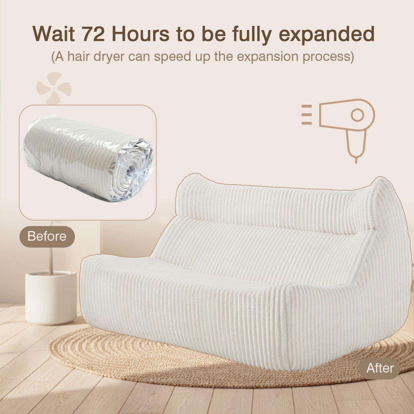 Ayiseedmid Lazy Floor Sofa, Comfy Sofa, Big Bean Bag Chairs,Fireside Chair for Living Room, Bedroom, Office (White, Loveseat)