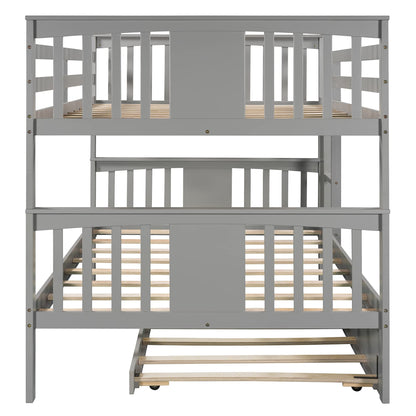 Ball & Cast Full Over Full Bunk Bed with Twin Size Trundle and Ladder,Wood Bunkbed w/Slat Support & Full-Length Guard Rail,Space Saving,Bedframe Furniture for Student Dorms,Studio,Gray