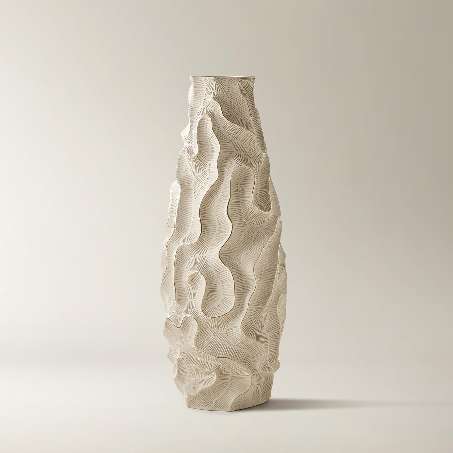 Z Gallerie Rouche Floor Vase, 39.75" Ivory Resin Vase, Hand-Etched Gold Texture, Organic Sculptural Statement for Living Room Entryway