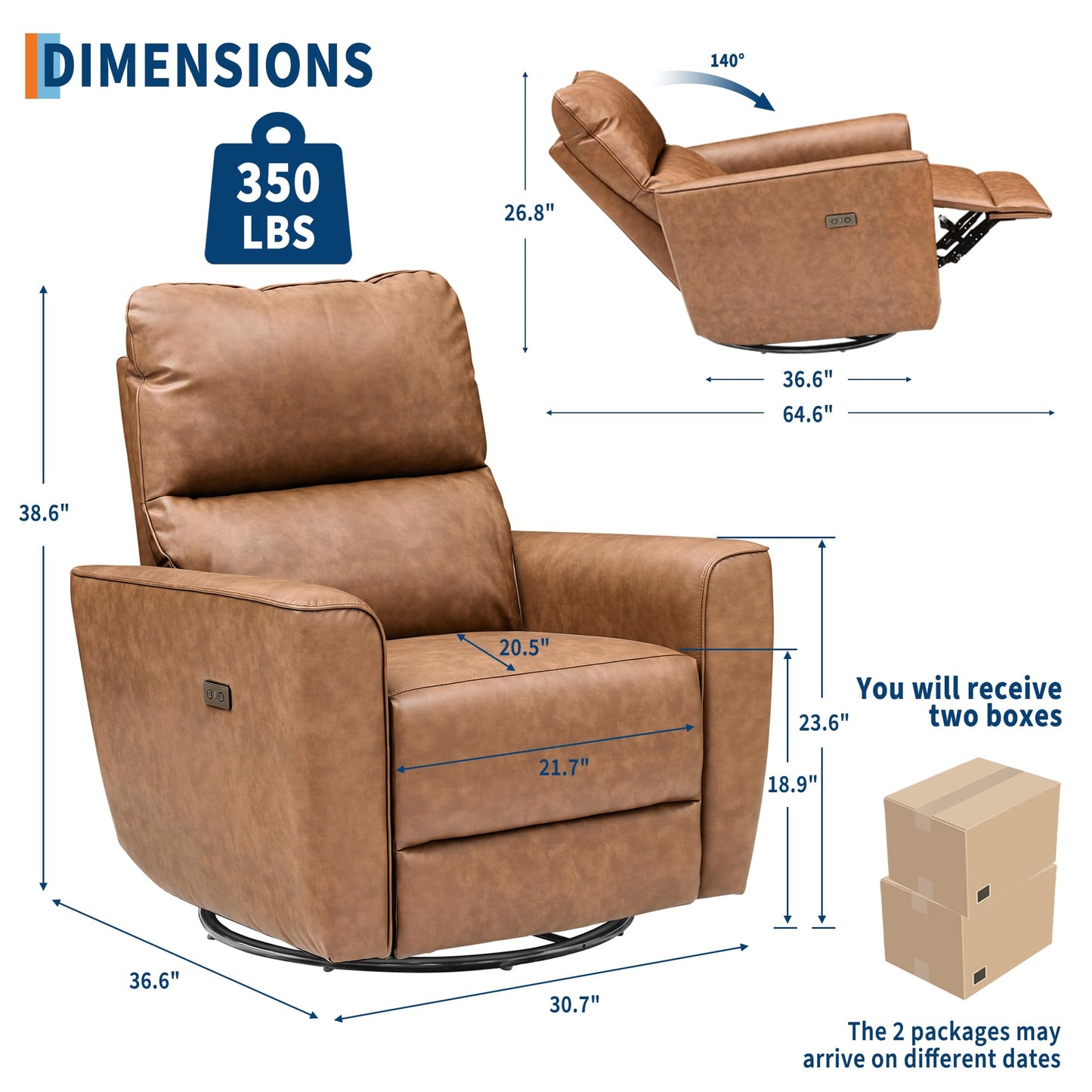 GarveeHome Power Recliner Chair, 270° Swivel Rocking Glider with USB Charging Port, PU Leather Upholstered Fabric, Ergonomic Modern Nursery Chair for Living Room, Bedroom, Nursery (Brown)