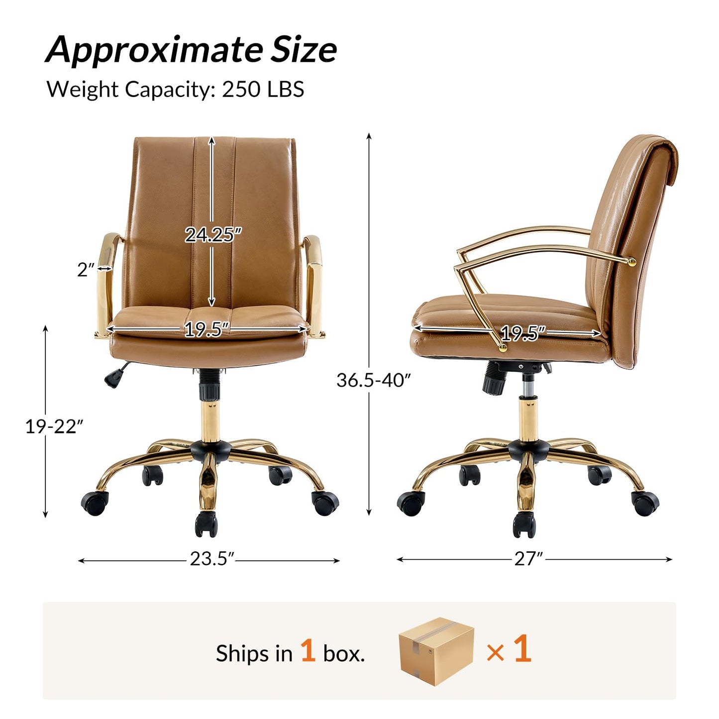HULALA HOME Genuine Leather Home Office Chair with Rocking Tilt Function, Modern Swivel Executive Desk Chair with Golden Legs and Arms, Height Adjustable Upholstered Computer Task Chair, Camel