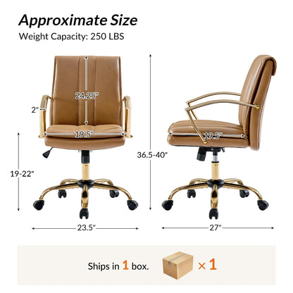 HULALA HOME Genuine Leather Home Office Chair with Rocking Tilt Function, Modern Swivel Executive Desk Chair with Golden Legs and Arms, Height Adjustable Upholstered Computer Task Chair, Camel
