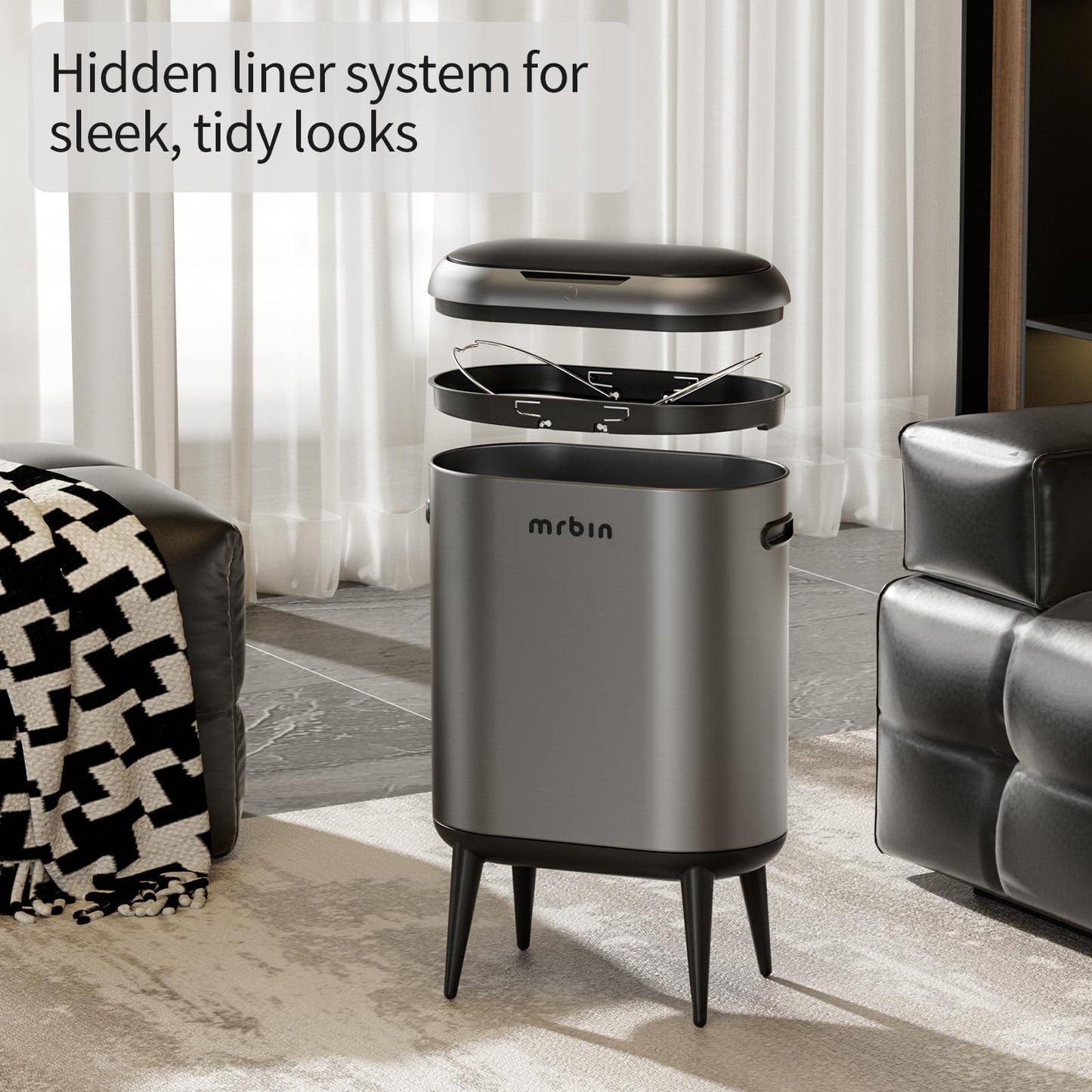 MRBIN 40L/11Gal Slim Sensor Trash Can with Legs, Touchless Motion Sensor Garbage Bin,Side Handles, Narrow Automatic Waste Basket for Kitchen, Living Room, Bedroom, Eclipse Grey