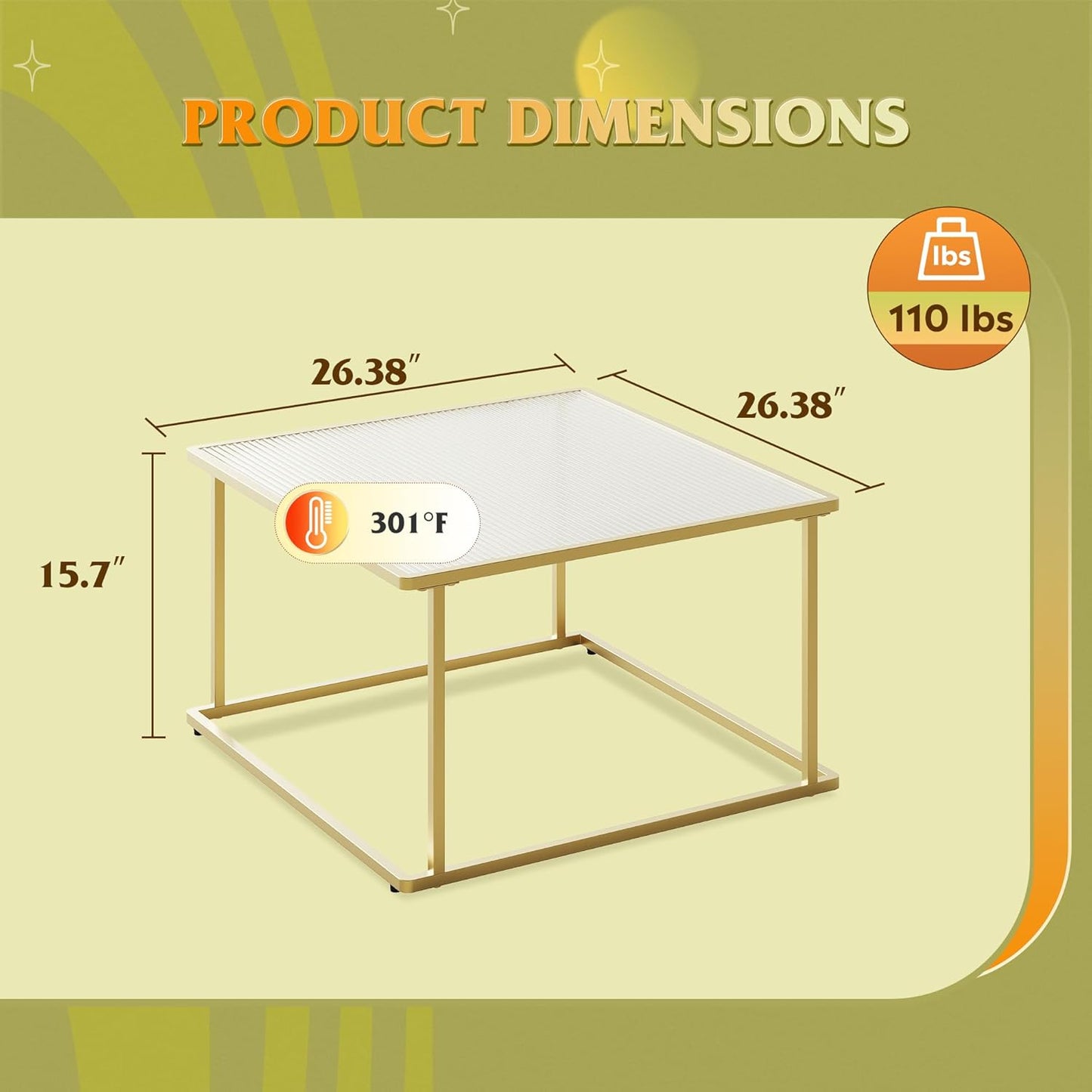 26.4 26.4in, WLIVE Glass Coffee Table, Small Modern Coffee Table for Living Room with Wave Textured Glass & Metal