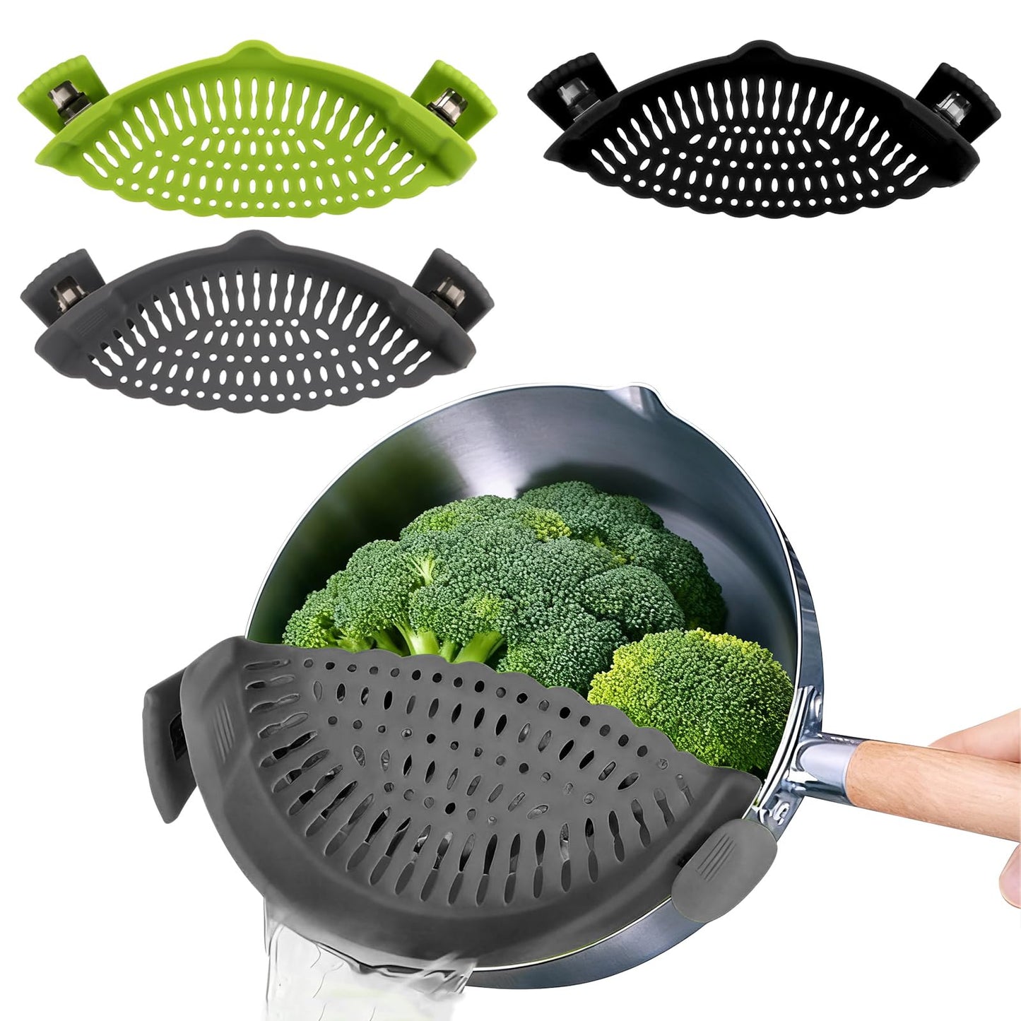 3 Pcs Silicone Clip-on Food Strainer Pasta Strainer for All Pots and Pans, Kitchen Colander for Noodle, Vegetables, Meat, Fruit, Spaghetti