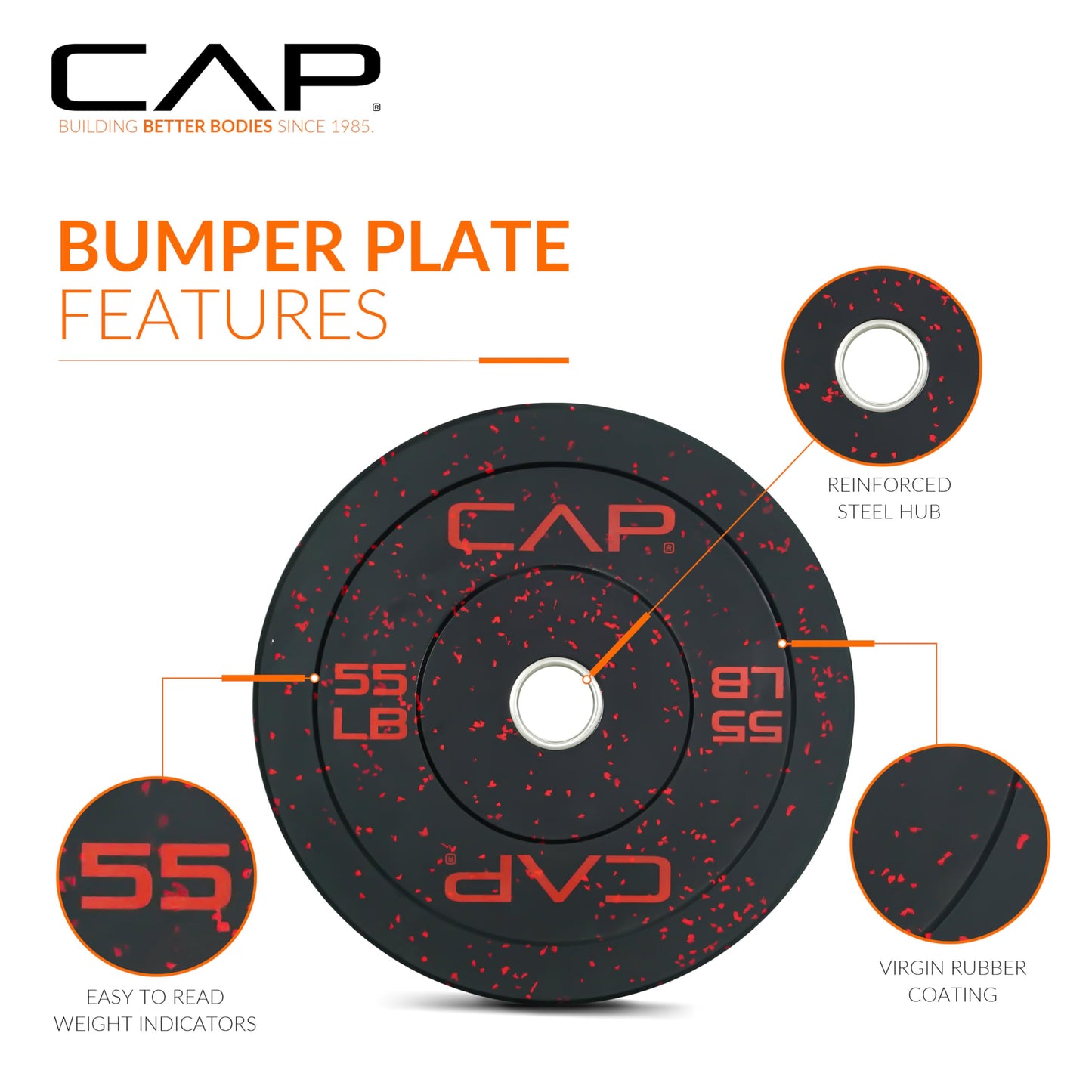 CAP Barbell Economy - Speckled Olympic Bumper Plate Set with Color Logo, Black, 260 lbs Set