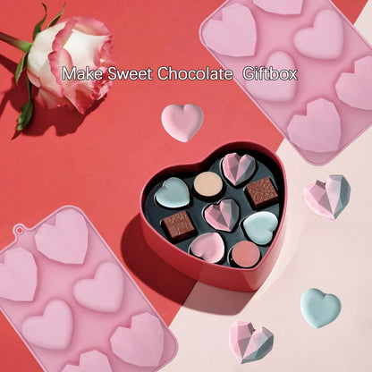 Valentine's Day Silicone Molds, 2PCS Large 3D Diamond Heart Shape Chocolate Molds for Baking