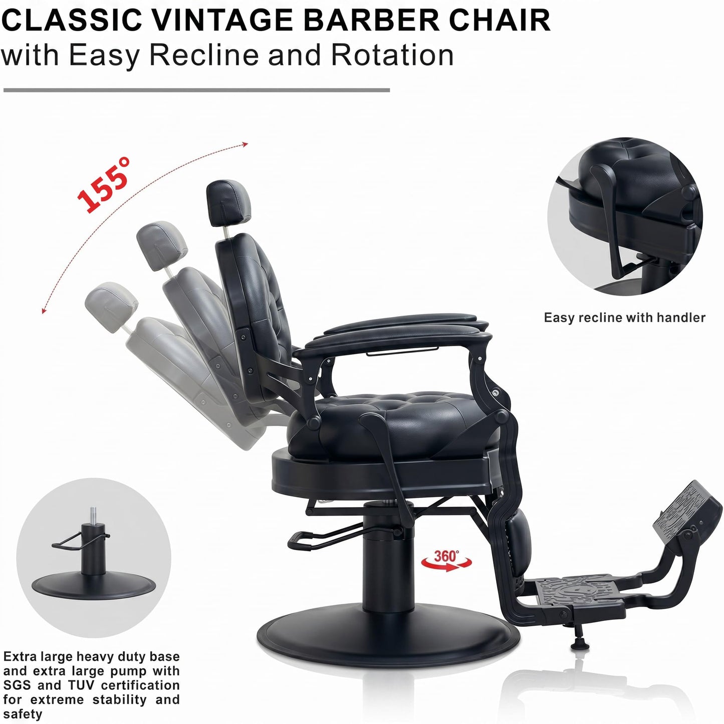 Grace&Grace Barber Salon Chair for Barbershop,Heavy Duty Recline Salon Chair for Hair Beauty Stylist Tattoo Home Barber (Black, Round Seat)