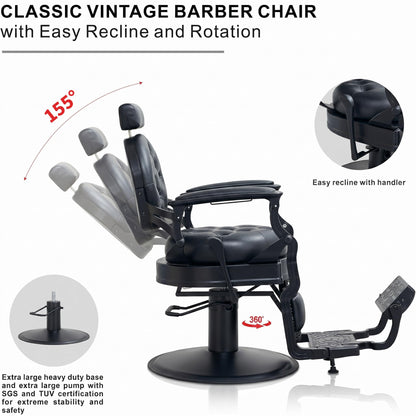 Grace&Grace Barber Salon Chair for Barbershop,Heavy Duty Recline Salon Chair for Hair Beauty Stylist Tattoo Home Barber (Black, Round Seat)
