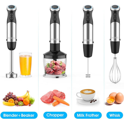 KOIOS 5-in-1 Hand Immersion Blender, 1000W 12 Speed Handheld Blender Stick with Copper Motor Stainless Steel Blade, 600ml Mixing Beaker,500ml Food Processor, Whisk, Milk Frother, Non-BPA, Red