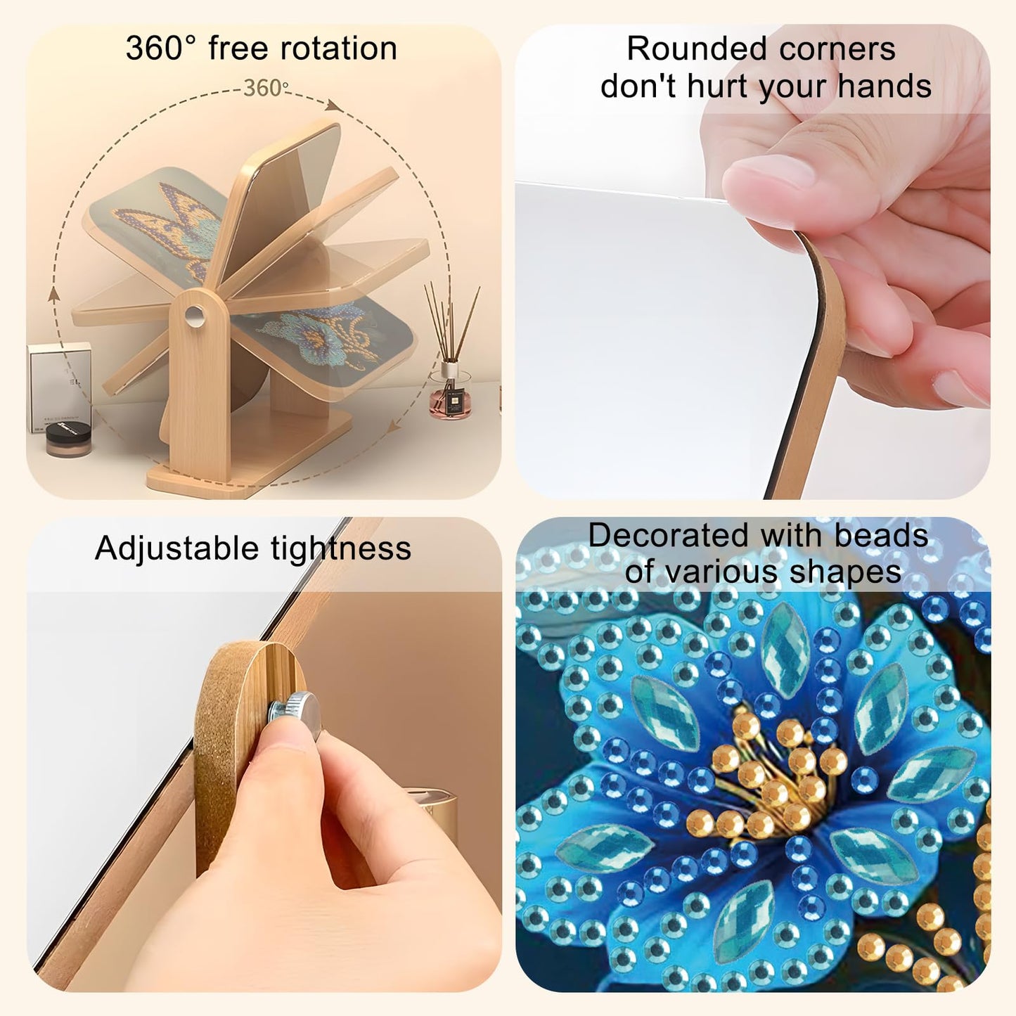 Diamond art Painting Flip Mirror，DIY Butterfly and flowers Rotatable Mirror , 5D Special Shape Diamond Wooden Material Desktop Decor Vanity Mirror Kit, Unique decoration of the desktop in the room