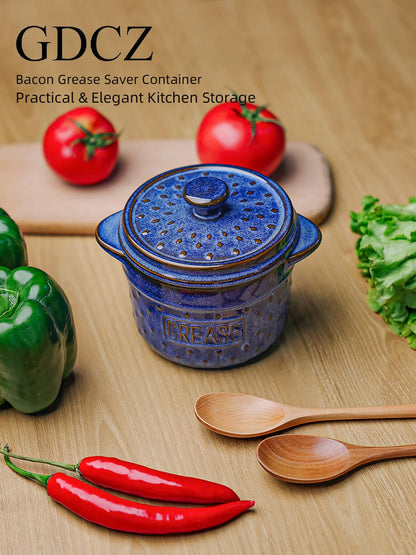 GDCZ Ceramic Bacon Grease Container with Strainer, 18 Oz Bacon Grease Keeper, Bacon Fat Strainer Cooking for Grease Drippings and Storage (Blue)
