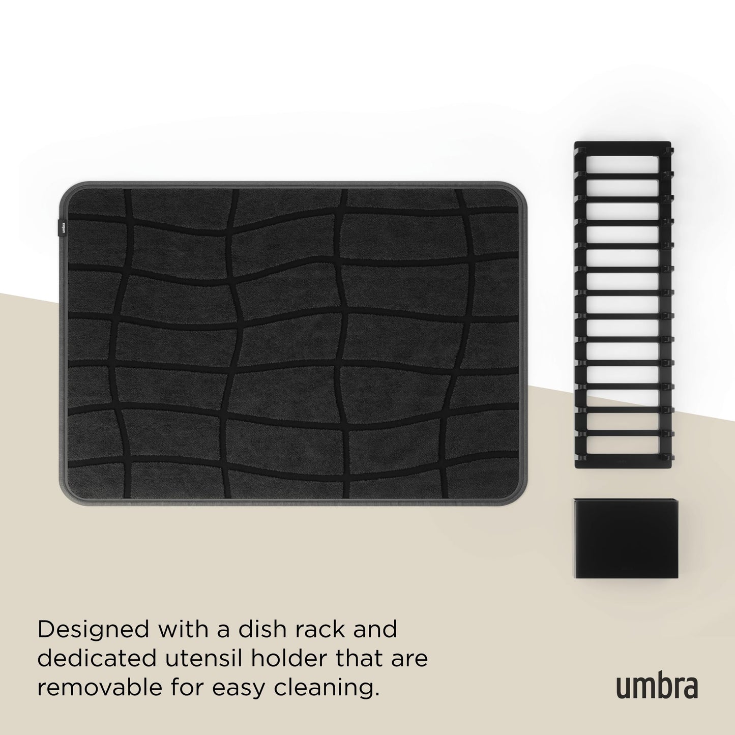 Umbra UDry Dish Drying Rack with Mat – Kitchen Countertop Dish Drainer & Absorbent Microfiber Drying Mat, Foldable Dish Rack Organizer for Plates, Cups & Utensils, Black