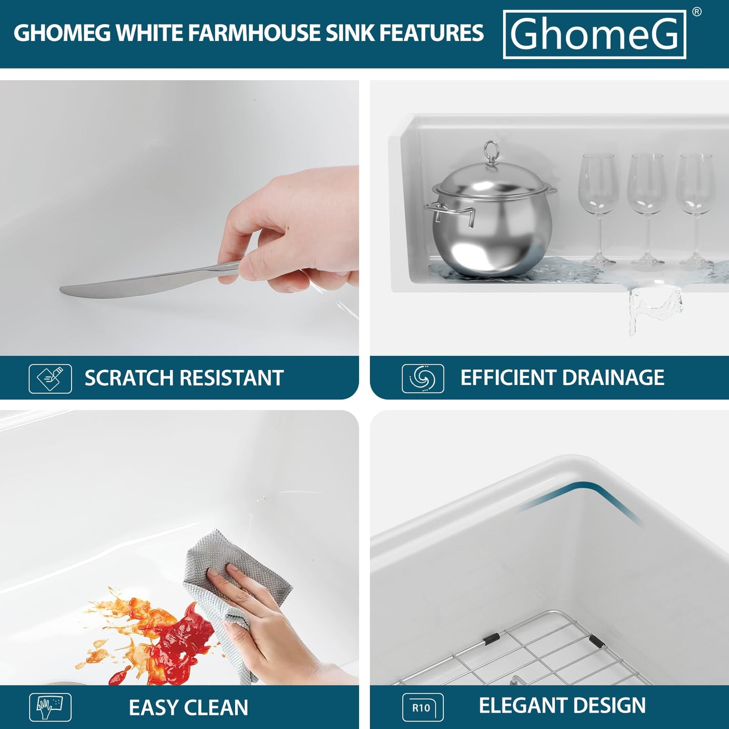 GhomeG 30 White Farmhouse Sink 30x20x10 Inch White Fireclay Apron Front Kitchen Sink Single 10 Inch Deep Ceramic Farm Farmer Style Workstation Basin
