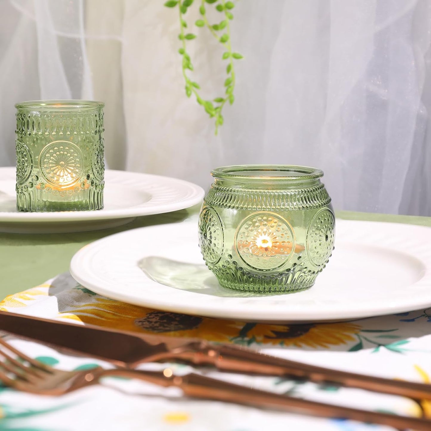 12pcs Assorted Green Votive Candle Holders for Wedding Table Decorations, Glass Tea Lights Candle Holder for Bridal