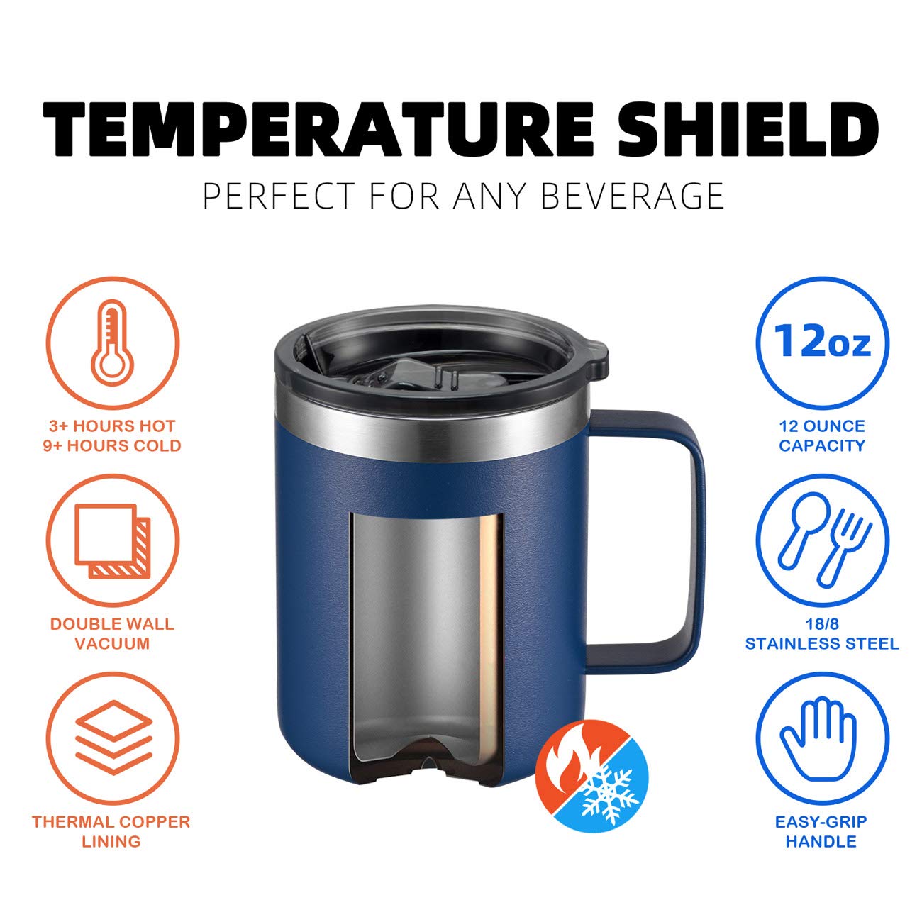 ALOUFEA 12oz Stainless Steel Insulated Coffee Mug with Handle, Double Wall Vacuum Travel Mug, Tumbler Cup with Sliding Lid, Navy
