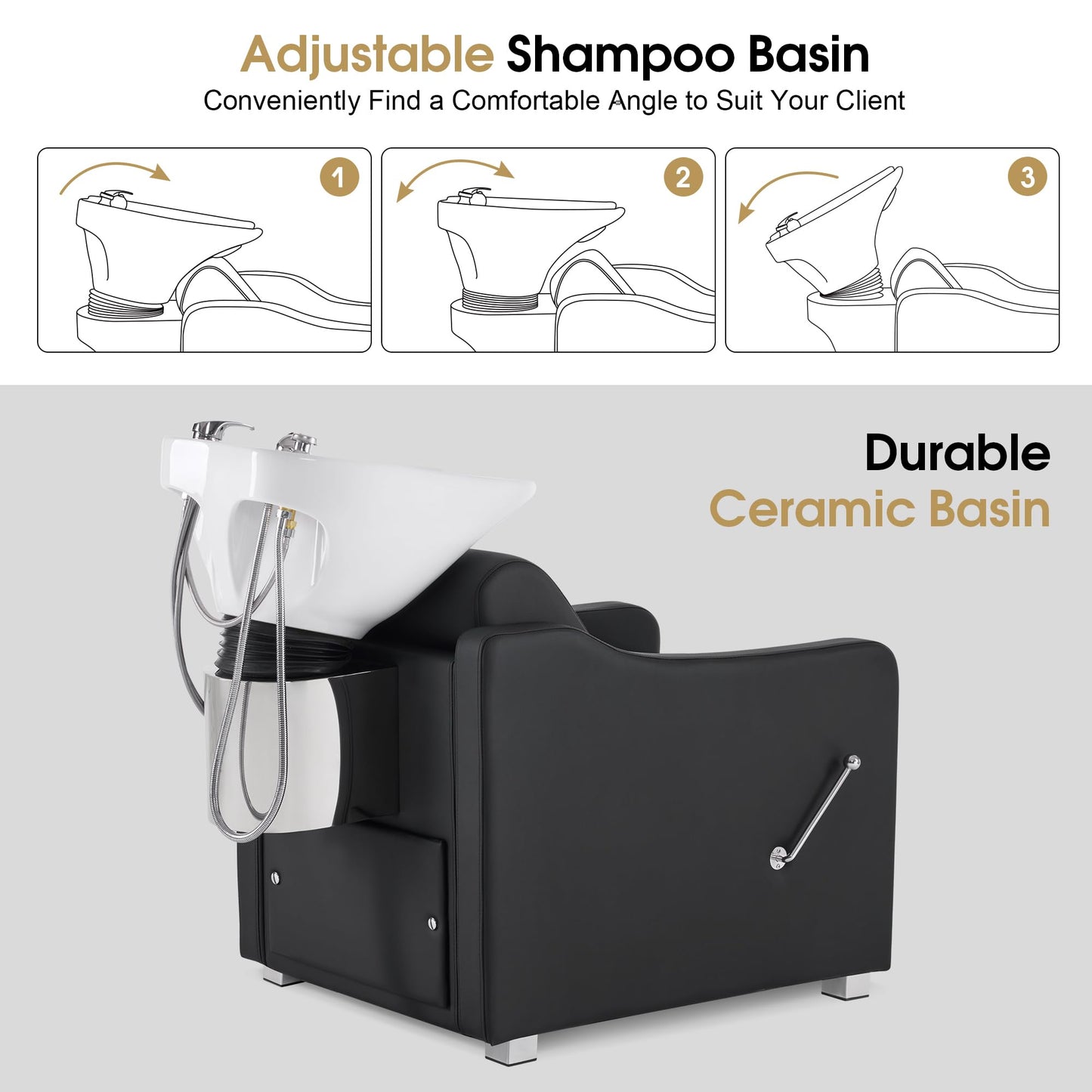 BarberPub Backwash Shampoo Station Chair, Adjustable Porcelain Ceramic Hair Wash Bowl with Chair, Shampoo Station for Barber Shop, Spa Beauty Salon Equipment 9364 (Black)