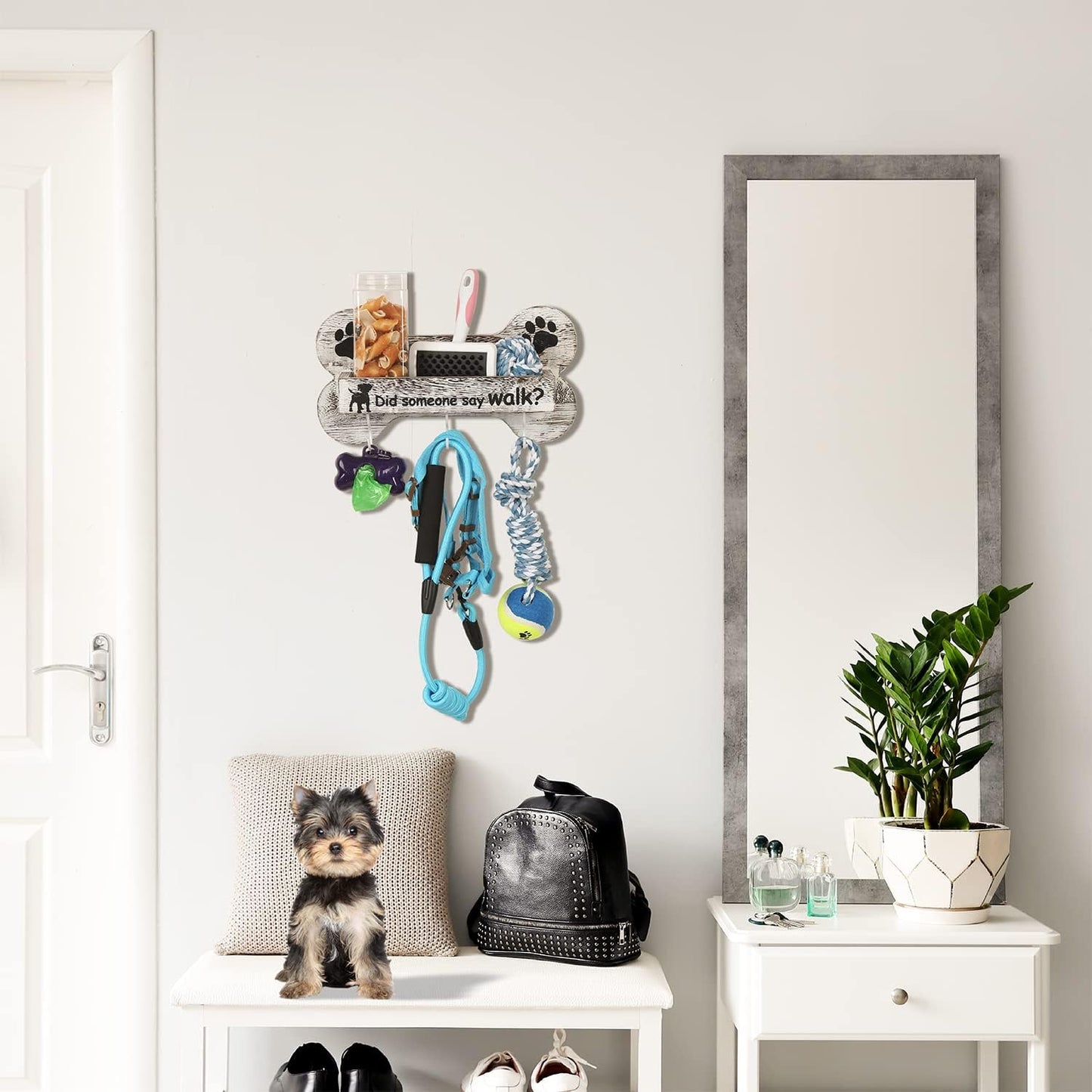 J JACKCUBE DESIGN Rustic White Bone Shape Wall Mounted Dog Leash Holder - 3 Key Holder Hooks and Extra Storage Box