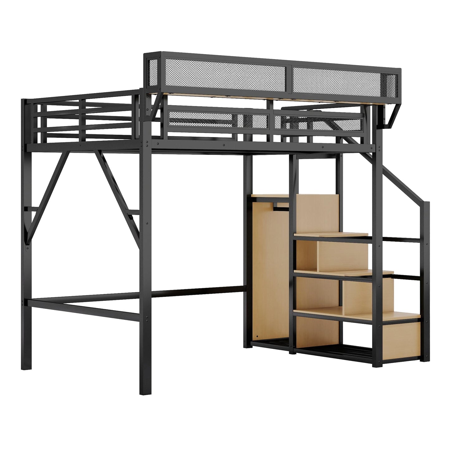 DNYN Full Size Loft Bed with Storage Shelves & Wardrobe & Staircase Design for Kids/Adults Bedroom,Sturdy Metal High Bedframe w/Safety Guardrails,Super Save Space & No Box Spring Needed, Black