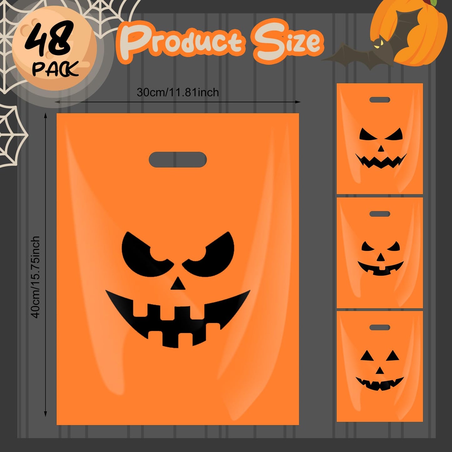 AmazingSpark 48 Pack Large Halloween Pumpkin Plastic Gift Bags with Handles 12 x 16'' Plastic Party Favor and Candy Treat or Trick Pouches for Halloween Party Supplies Gift Wrapping