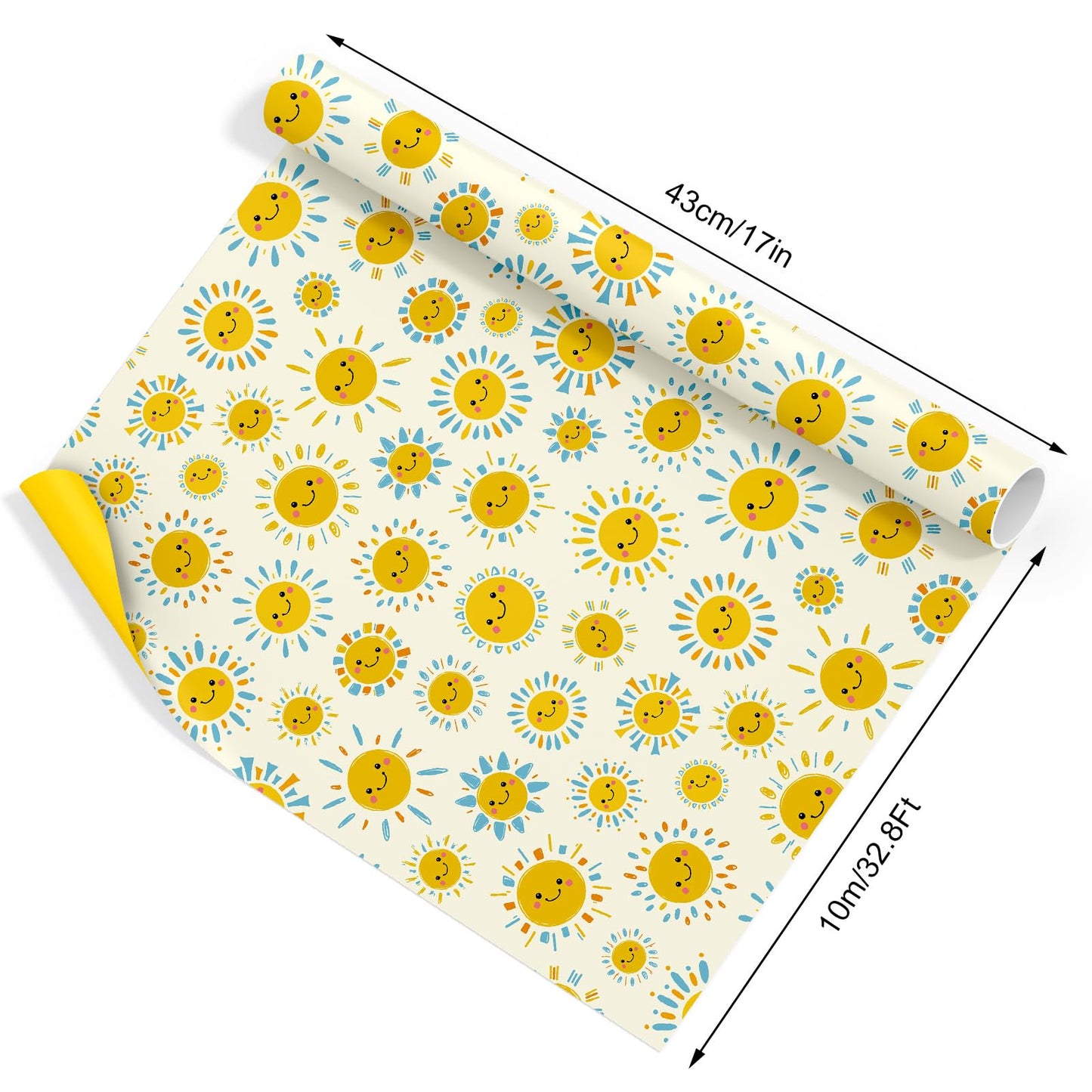 JarThenaAMCS Happy Sun Wrapping Paper - Mini Roll - 17 Inch x 32.8 Ft Blue Yellow Smile Sunshine Gift Wrap Paper Double-Sided for Summer Birthday Baby Shower Party DIY Crafts