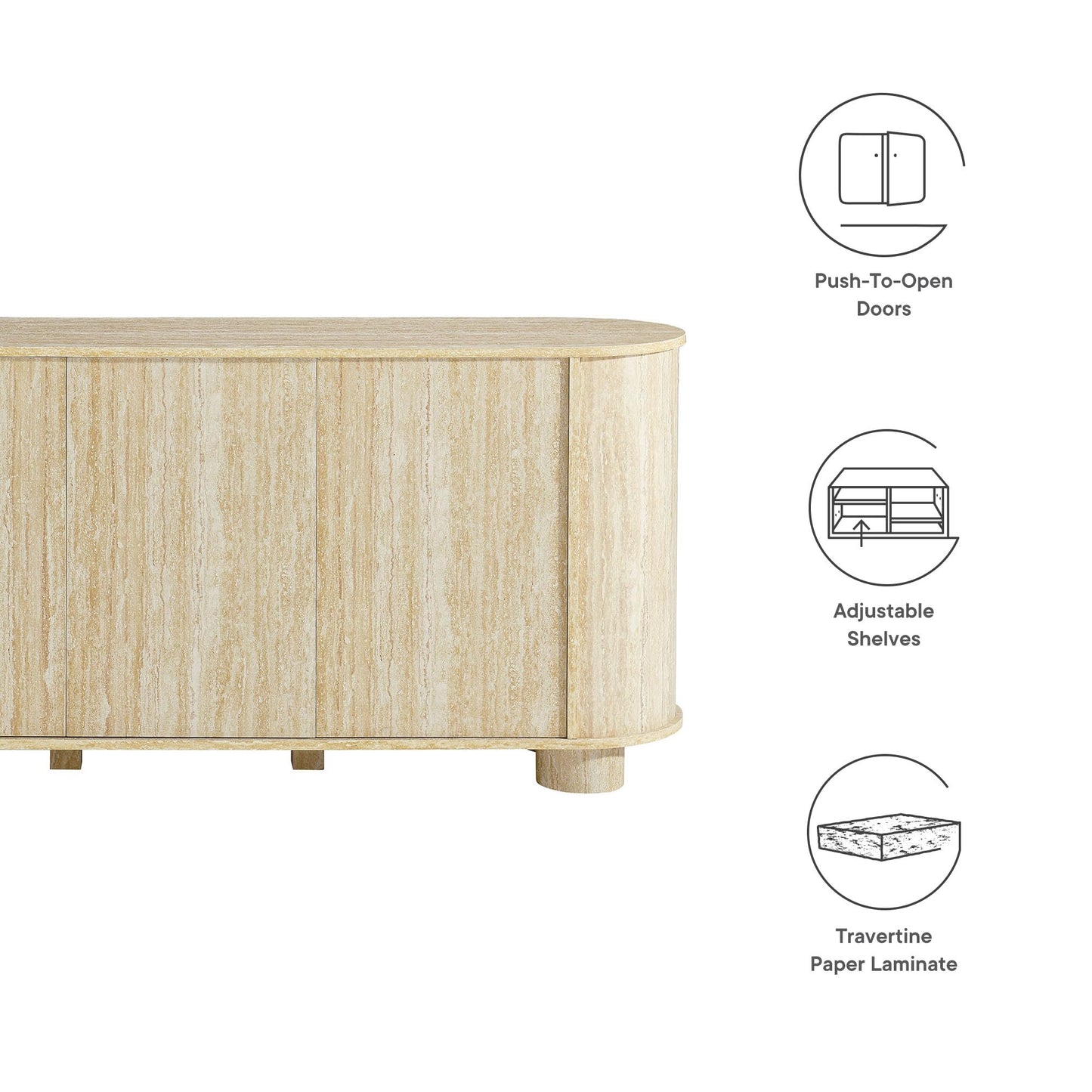 Modway Overture 63 Inch Oval Sideboard in Travertine - Buffet Cabinet with 3 Doors - Media Stand for Wall-Mounted TVs - Rounded Side Cabinet Console for Dining Room, Living Room, Hallway