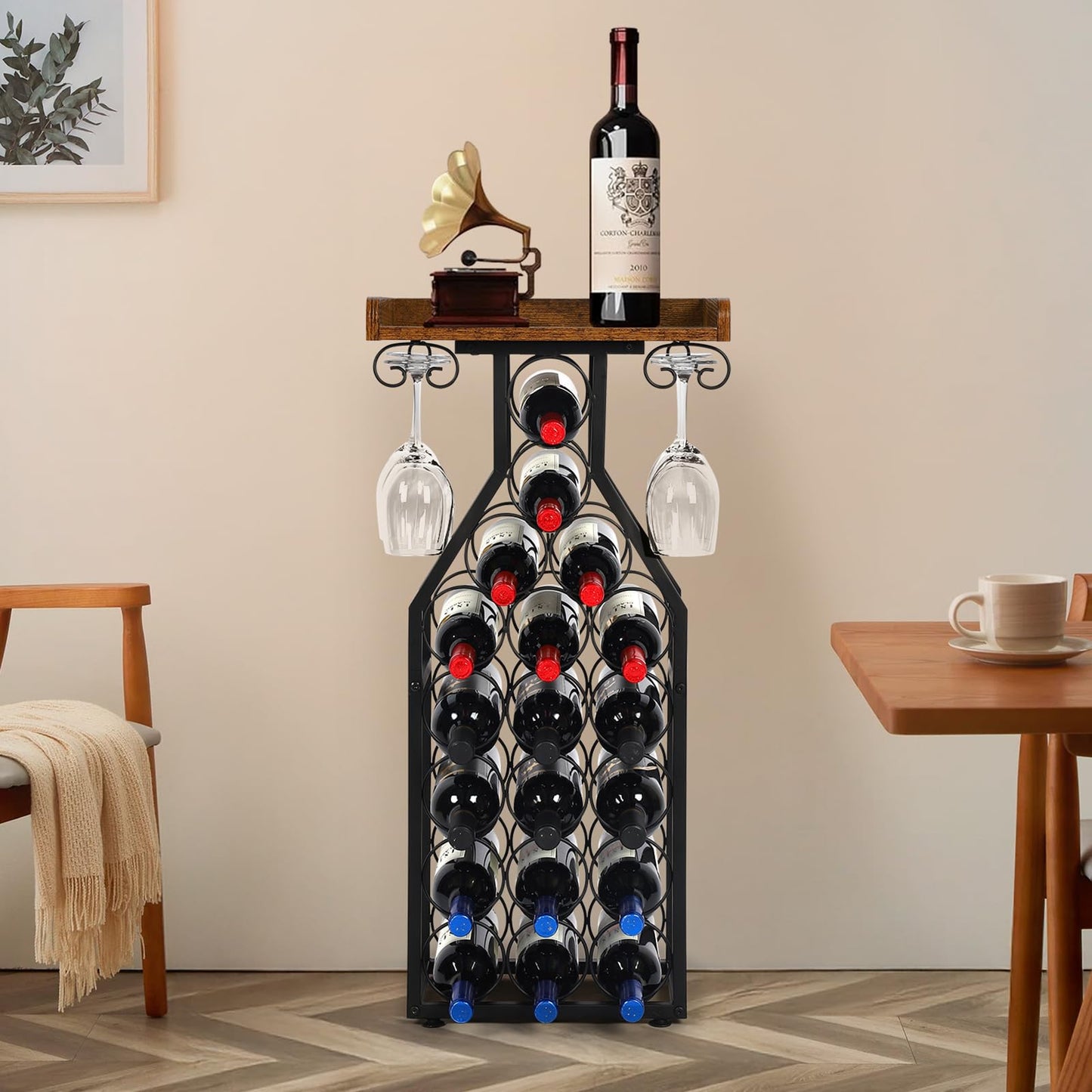 Plinthos Wine Rack Floating Shelvesr Versatile Liquor Stand for Home Bar Mini Bar Table Wine Holder Stand Liquor Cabinet with Glass Holder Wood Tabletop 19 Bottles Floor Dining Room, Living Room