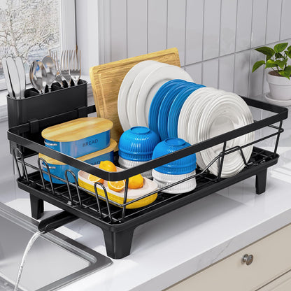 Urackify Dish Drying Rack for Kitchen Counter, Sink Dish Rack with Drainboard 12.2" W x 16.5" L, Large Dish Drainer with Cutlery Holder, Home Countertop Plate Dryer Storage Rack, Black