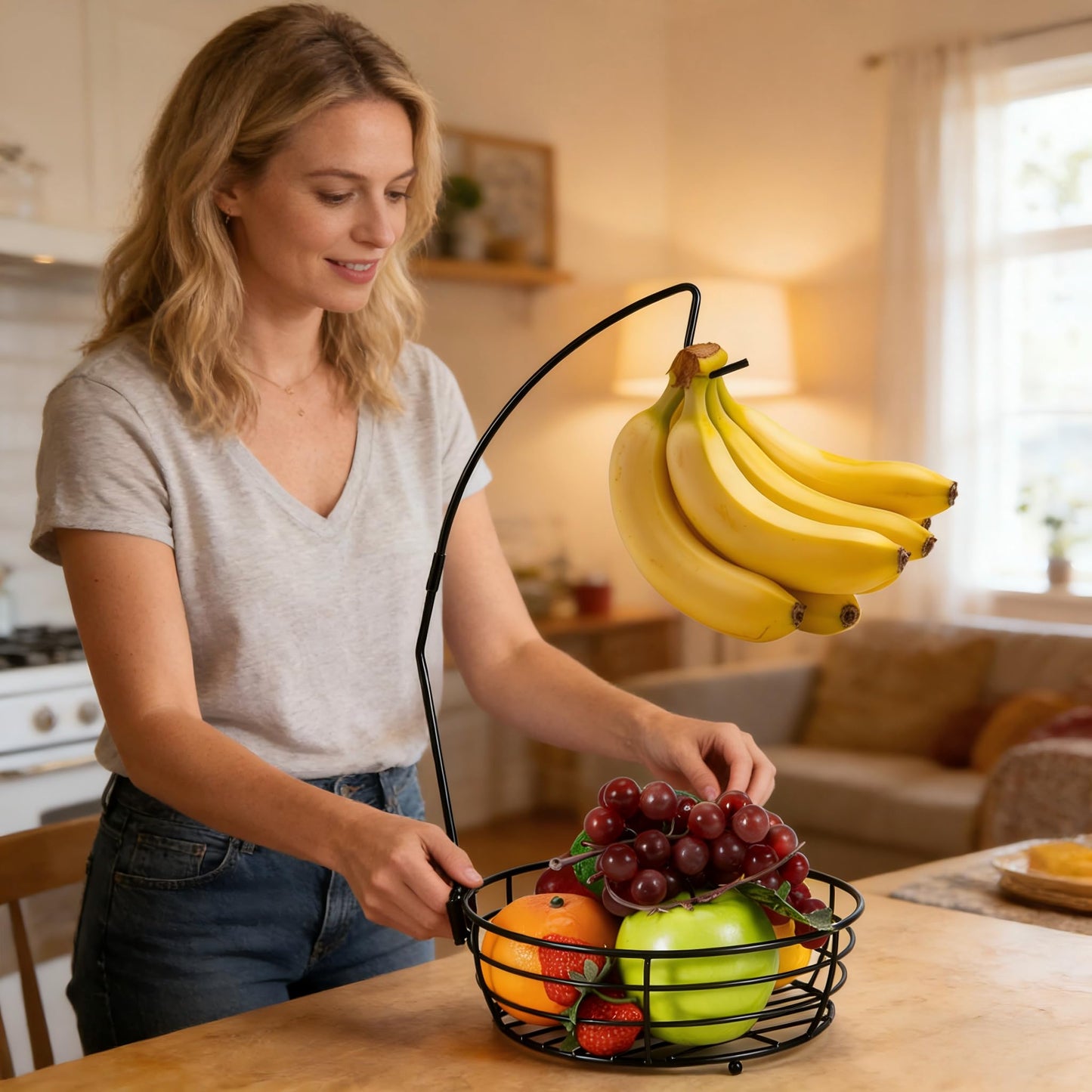 Vituney Fruit Basket for Kitchen Counter - Fruit Bowl with Banana Hanger, Rust-Proof Metal Frutero Produce Fruit Holder for Kitchen