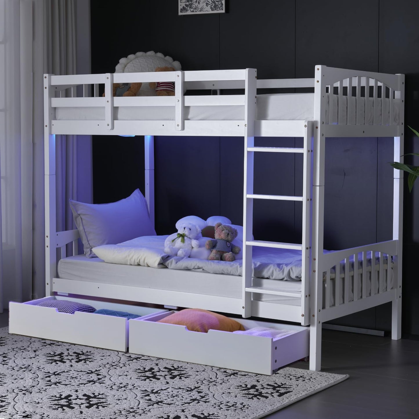 VINGLI Bunk Bed Twin Over Twin with 2 Storage Drawers/RGB LED/Charging Station, Solid Wood Bunk Bed Frame with 15 inches High Safety Guardrail and Ladders for Kids, White