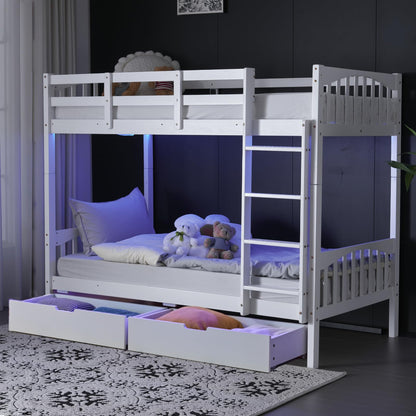 VINGLI Bunk Bed Twin Over Twin with 2 Storage Drawers/RGB LED/Charging Station, Solid Wood Bunk Bed Frame with 15 inches High Safety Guardrail and Ladders for Kids, White