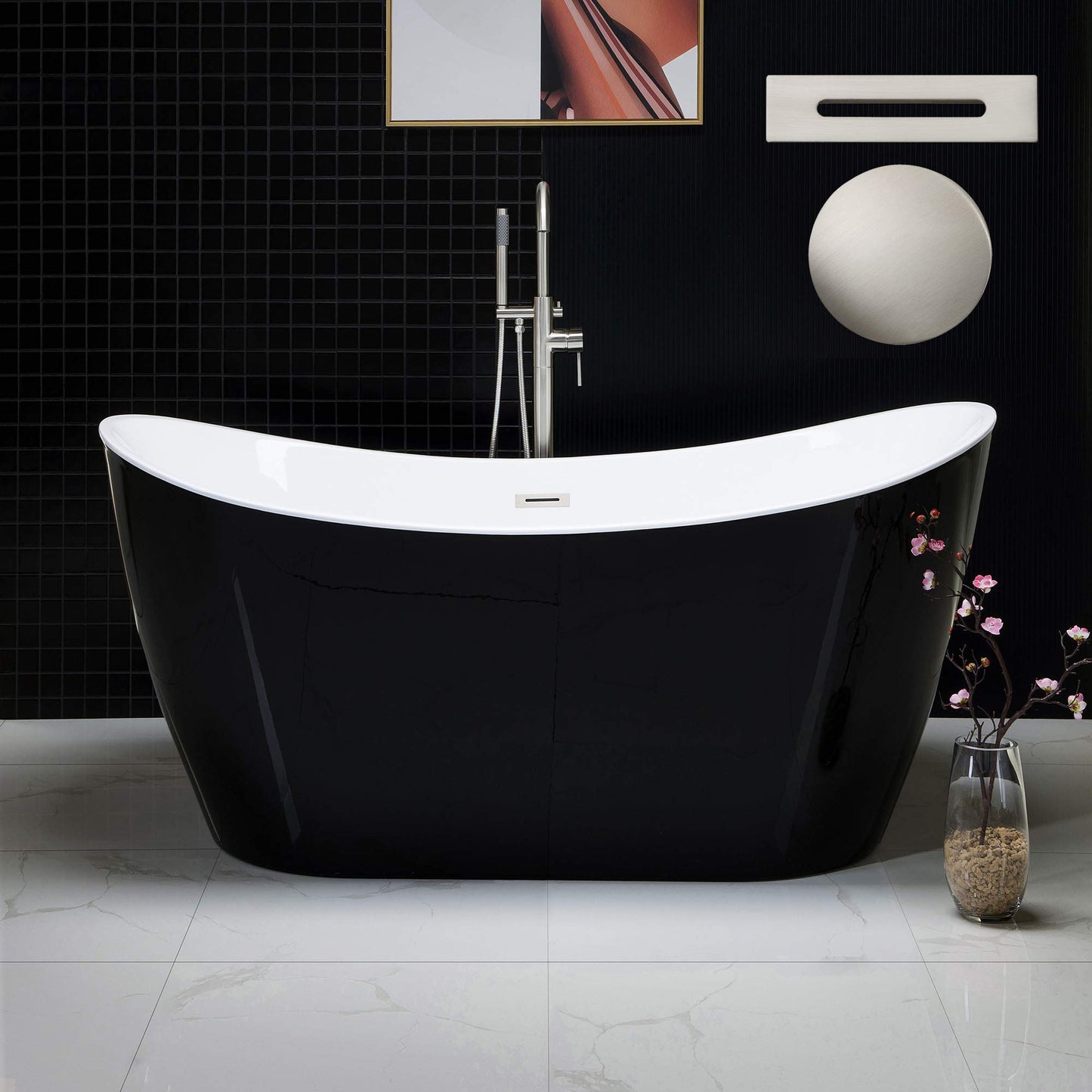 WOODBRIDGE 59" Acrylic Freestanding Bathtub Contemporary Soaking Tub with Brushed Nickel Overflow and Drain, B-1816 Black Color