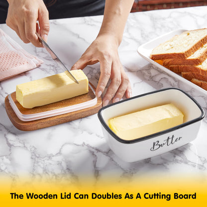 Butter Dish with Lid, ALELION Large Ceramic Butter Dish for Countertop, Butter Keeper with Thick Acacia Wood Lid, Kitchen Decor and Accessories for Kitchen Gifts, White