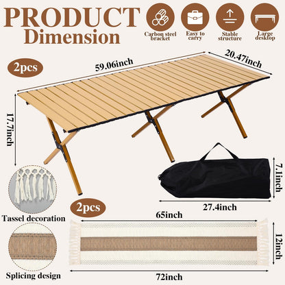Novabright 20 Pcs Boho Picnic Kit Folding Picnic Table 59'' x 20.5'' Extra Large Outdoor Boho Blanket 91'' x 71'' Beige White Table Runner 12 Pillow Cover Woven Cotton Oversize Washable for Wedding