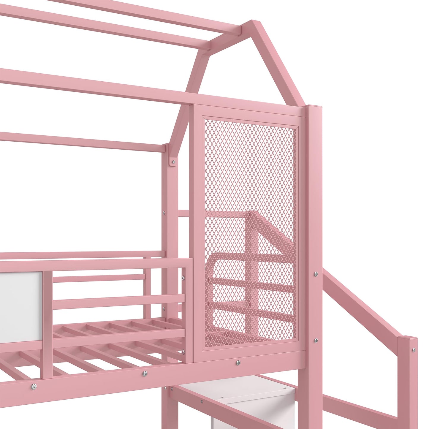Bellemave Twin Size Metal House Loft Bed with Slide and Stairs,Heavy Duty Playhouse Loft Bed Frame with Storage Shelves for Kids,Teens,Adults,Pink