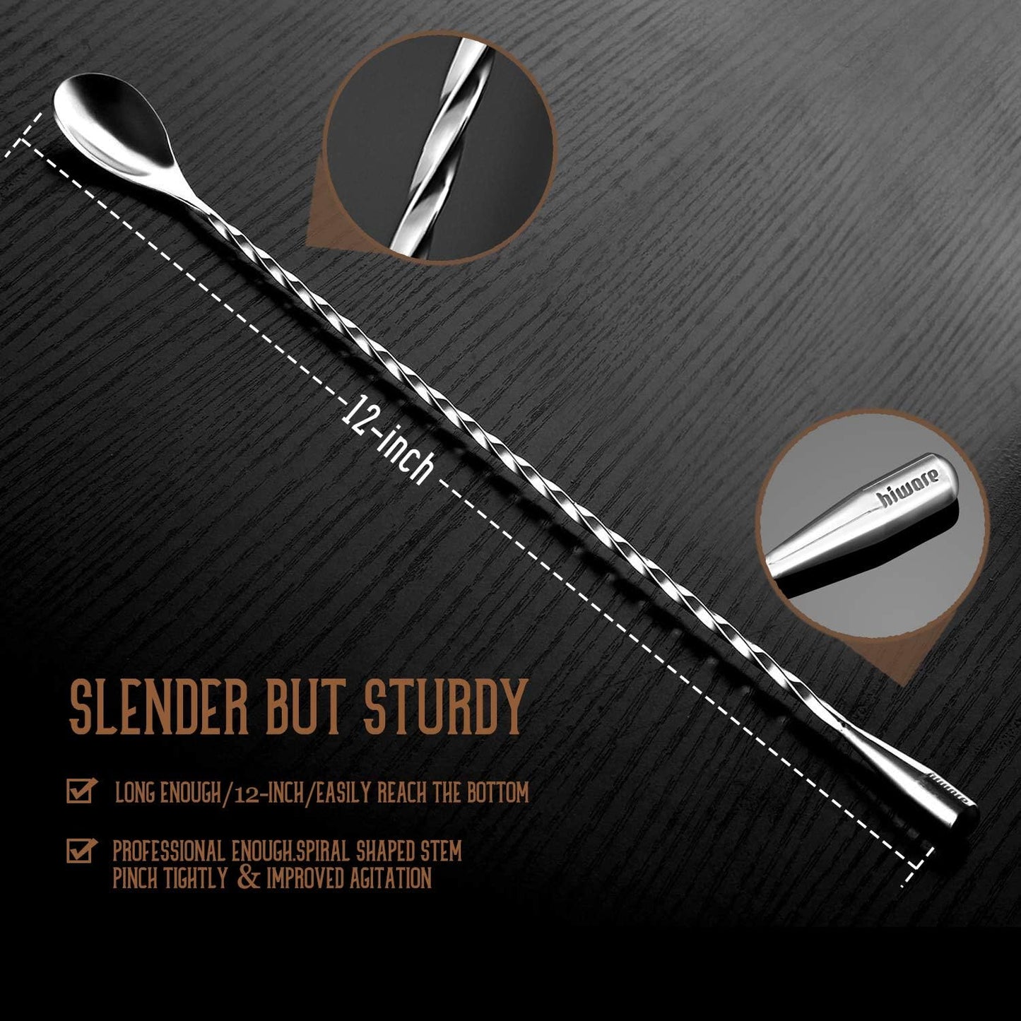 Hiware 12-Inch Bar Spoon Set of 2, Stainless Steel Mixing Spoons, Spiral Pattern for Cocktail Shaker